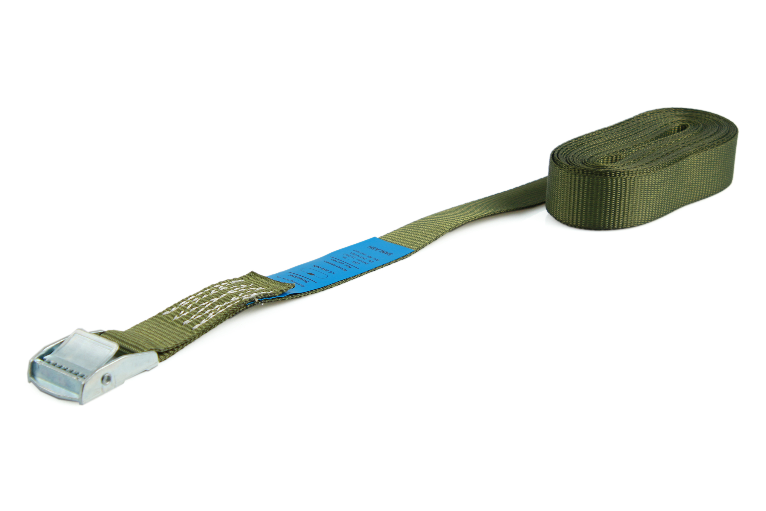Set of 6 clamp lock lashing straps, 6 m, 25 mm, LC 250 daN, olive green