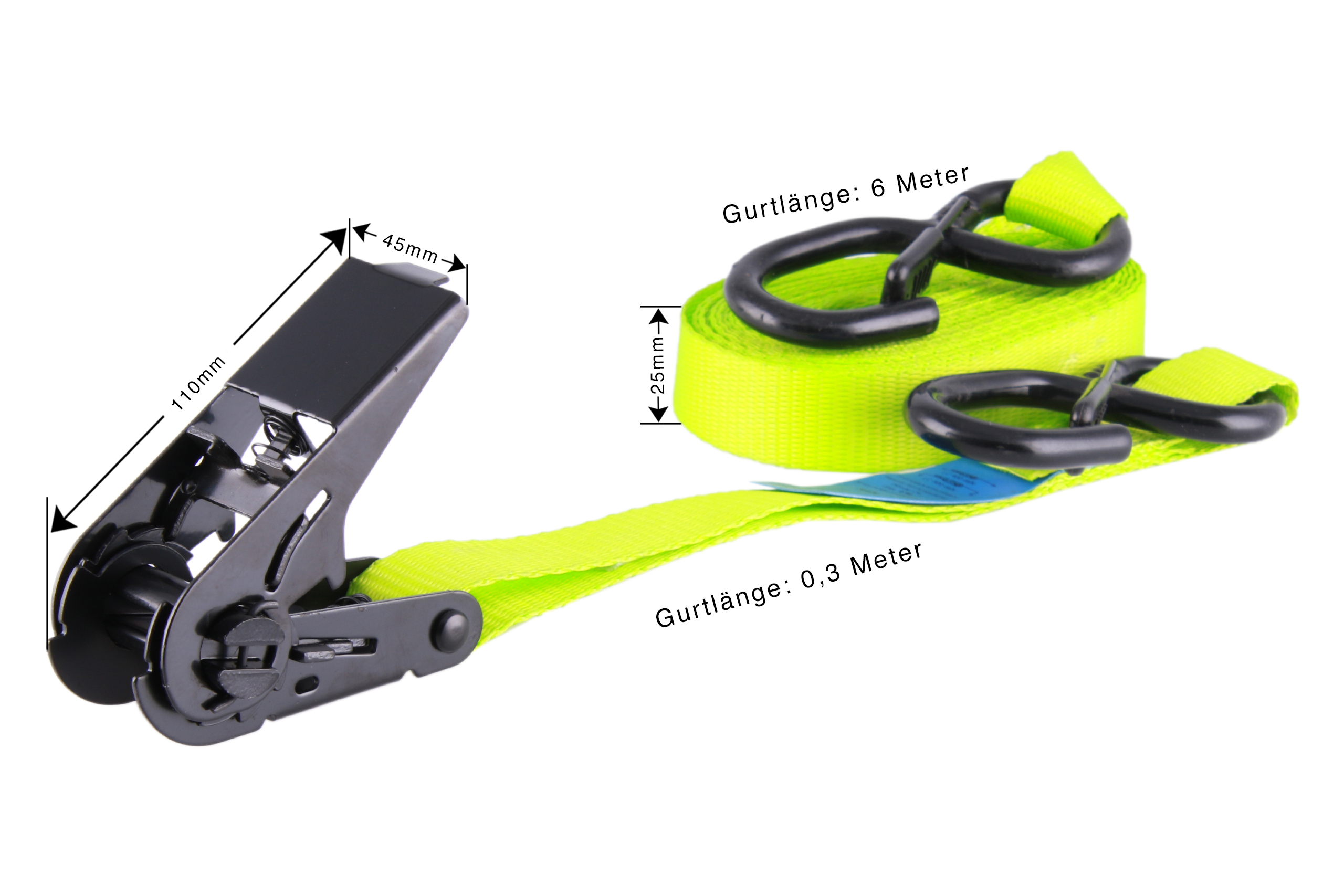 2er-Set, 6 m Zurrgurte, 25 mm, LC 400 daN, STF 216, zweiteilig, Neon-grün, mit S-Haken mit Sicherung