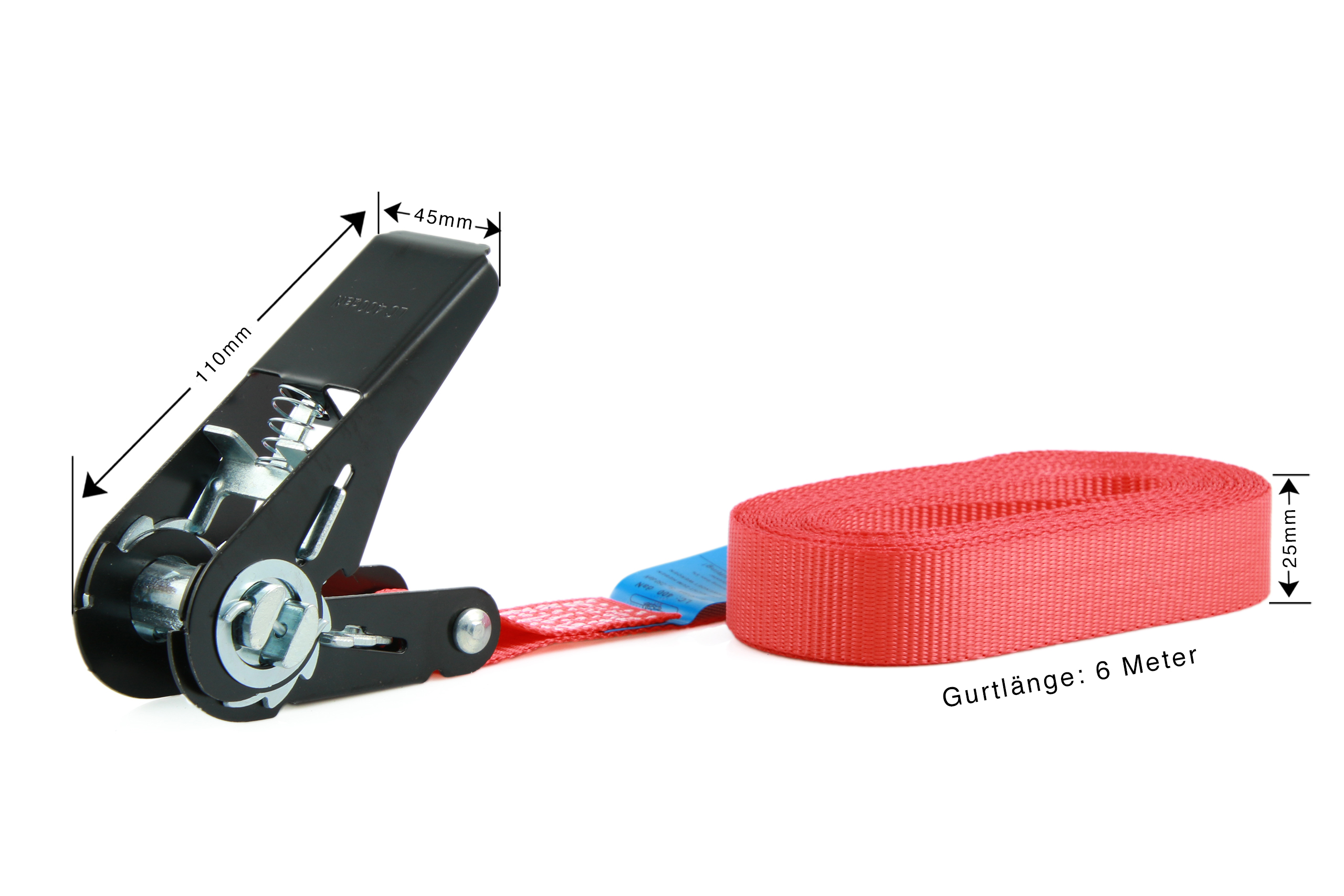 Set of 4, 6 m lashing straps, 25 mm, LC 900 daN, one-piece, red