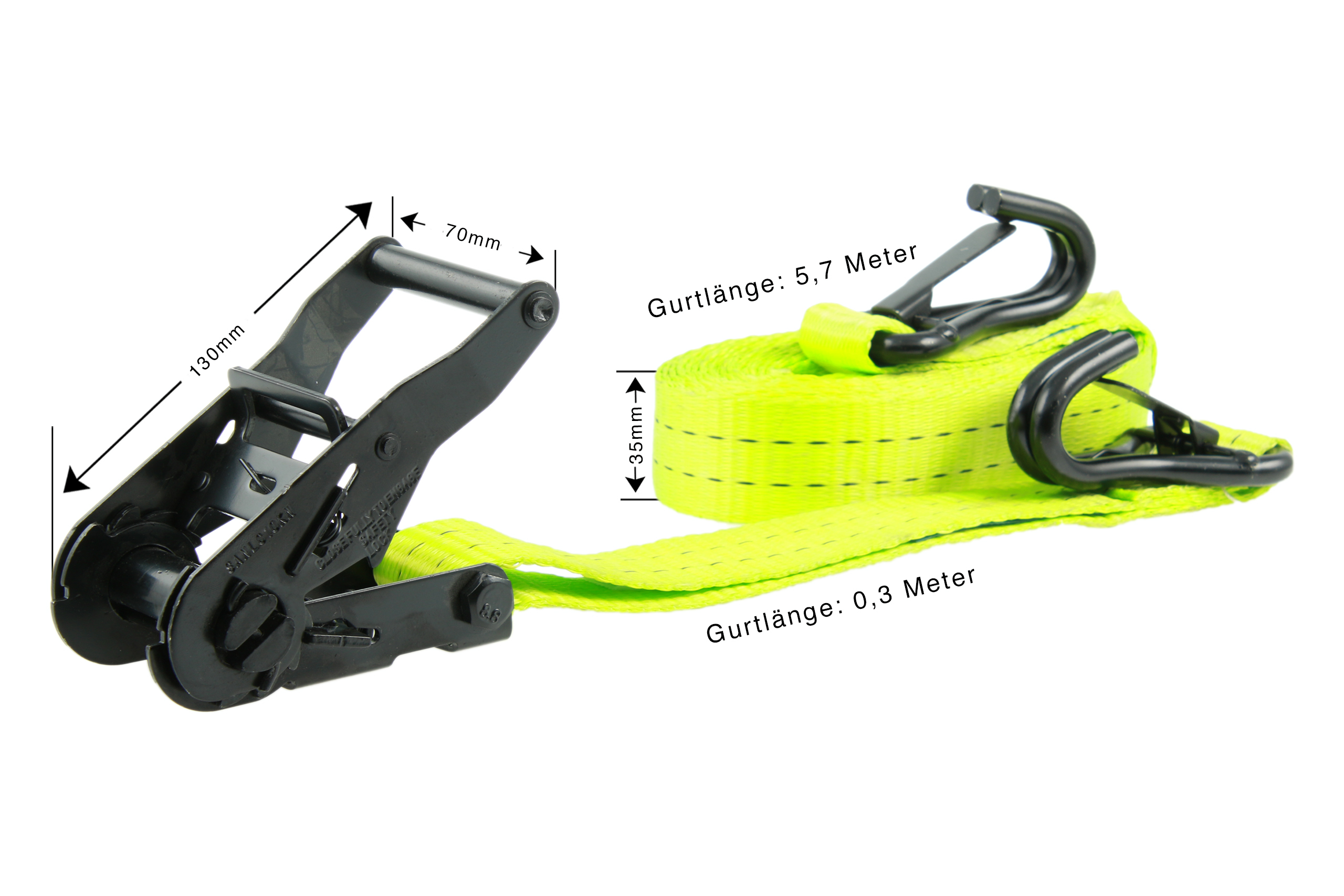 2er-Set, 6 m Zurrgurte, 35mm, LC 1000 daN, STF 220 daN, zweiteilig, Neon-grün, mit J-Haken mit Snap