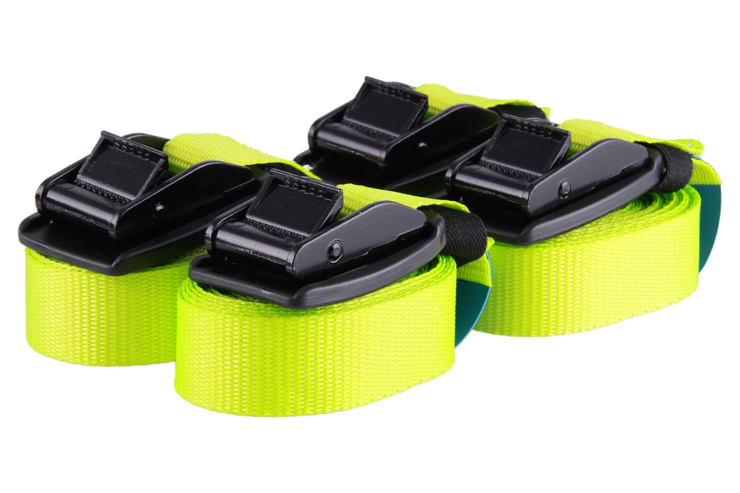 Set of 4, 4 m clamp buckle straps with additional rubber buckle protection, neon yellow