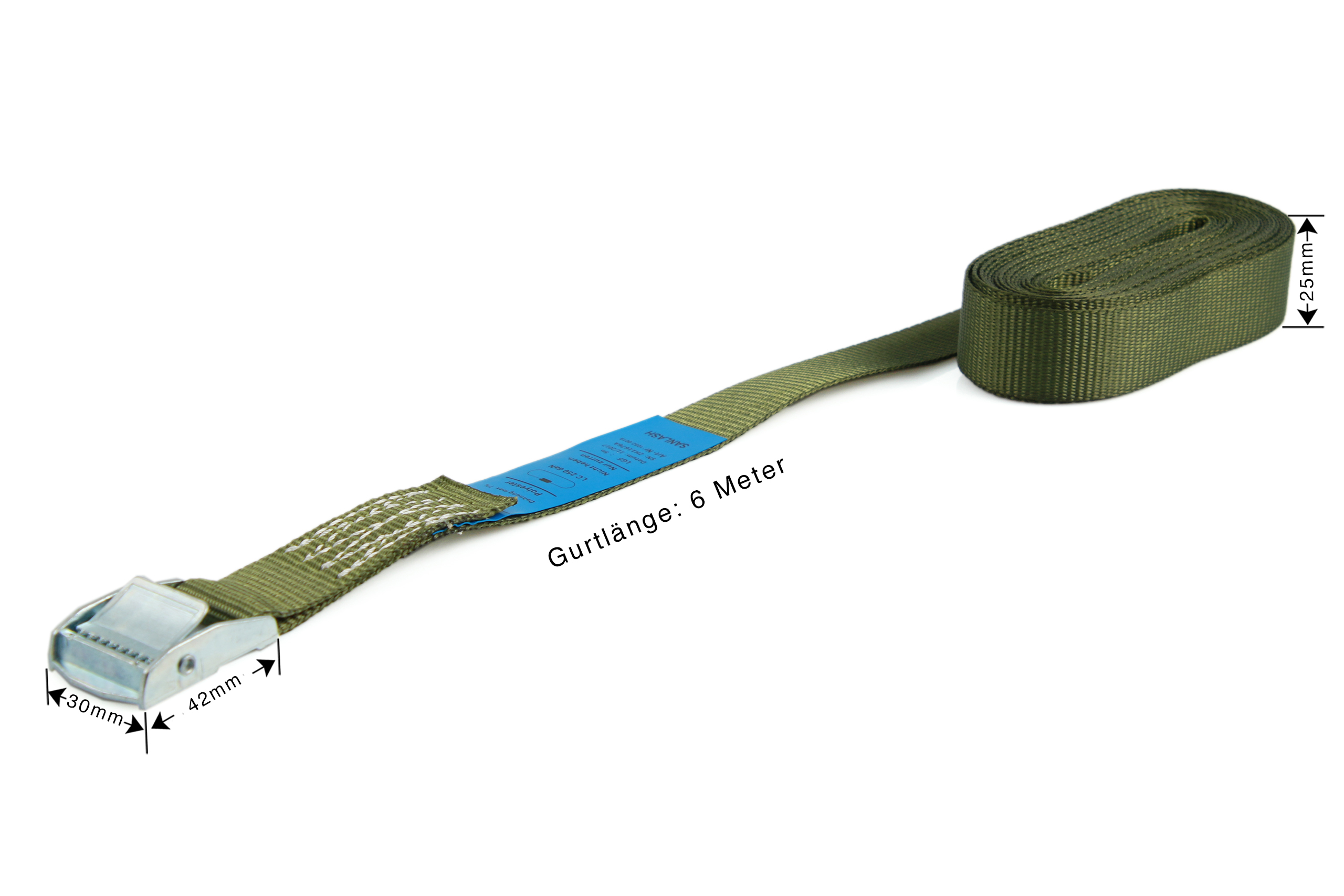 Set of 6 clamp lock lashing straps, 6 m, 25 mm, LC 250 daN, olive green
