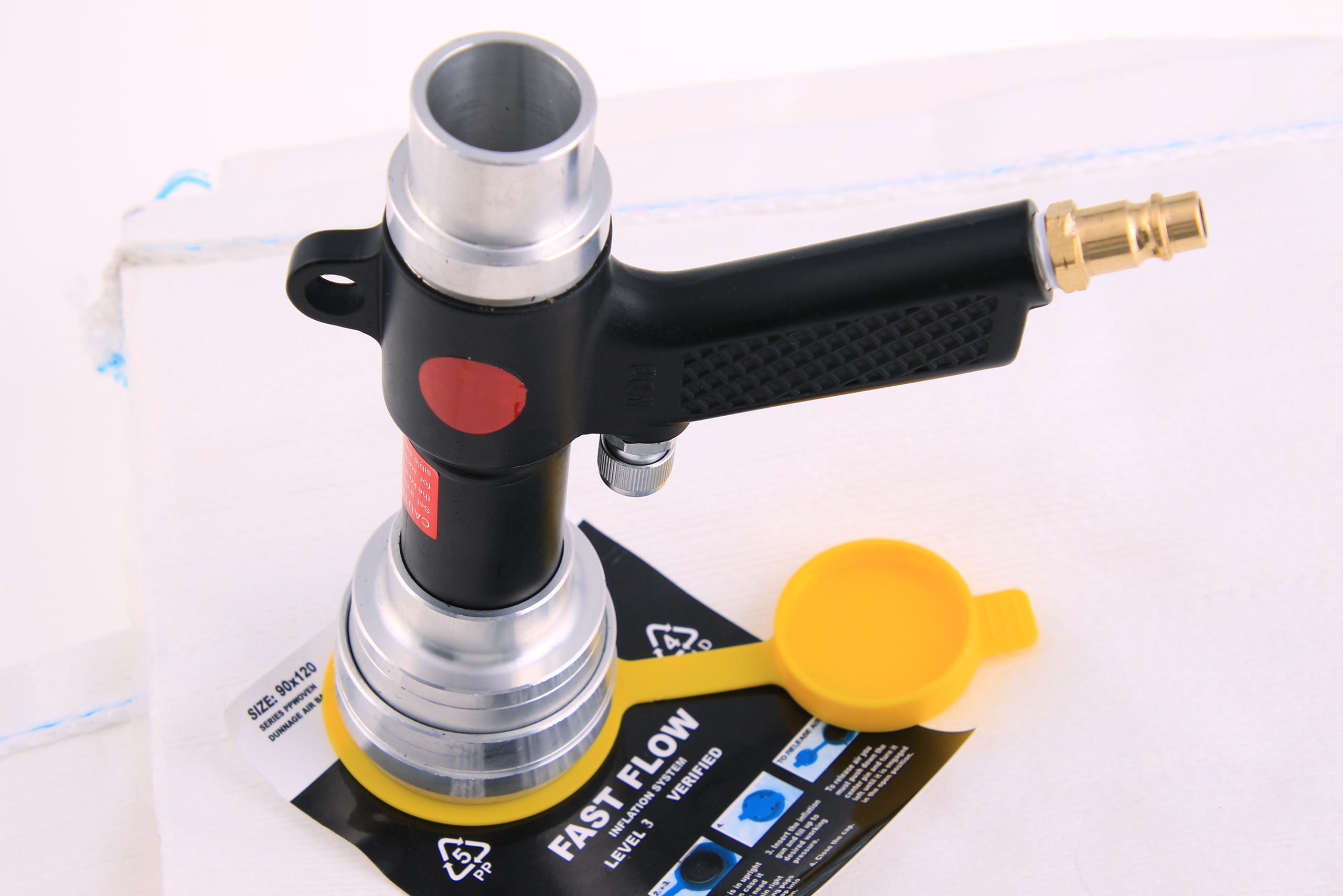 Metall-Füllpistole für Stausäcke mit Arretierungsadapter und Rückschlagsmembran aus Metall