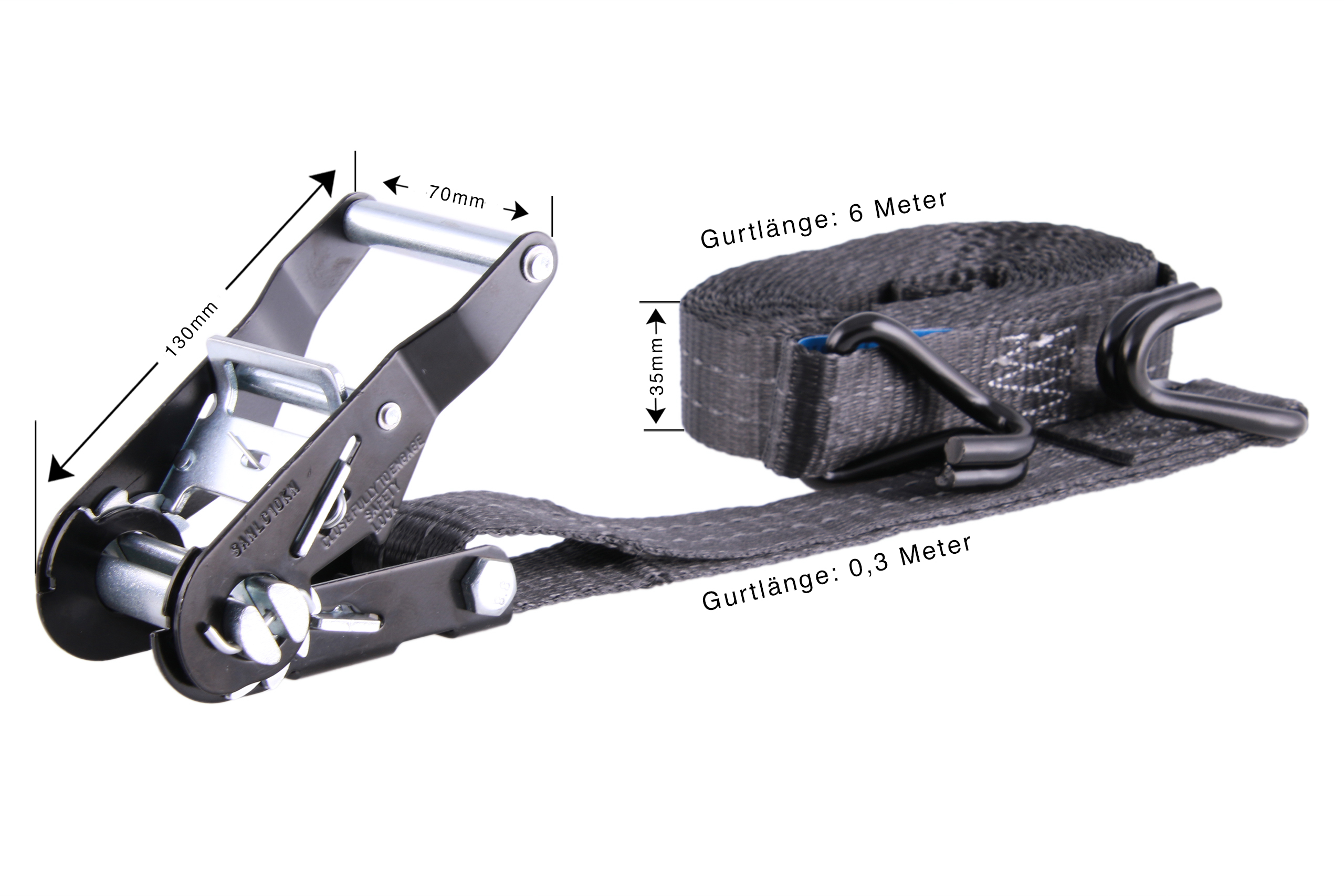 2er-Set, 6 m Zurrgurte, 35mm, LC 1000 daN, STF 220 daN, zweiteilig, schwarz, mit Reflektorstreifen