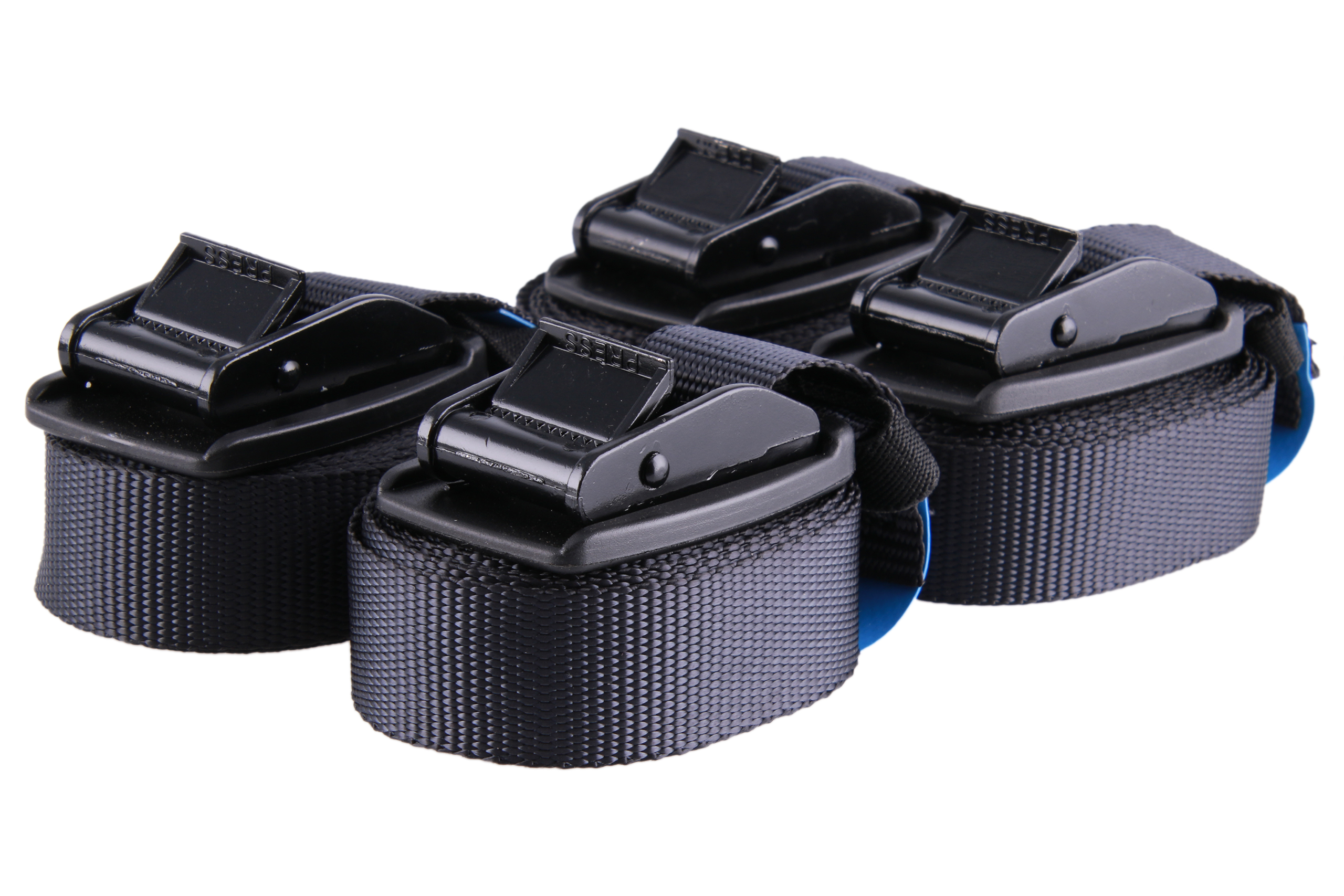 4er-Set, 4 m Klemmschlossgurte mit zusätzlich angebrachtem Gummi-Schnallenschutz, schwarz