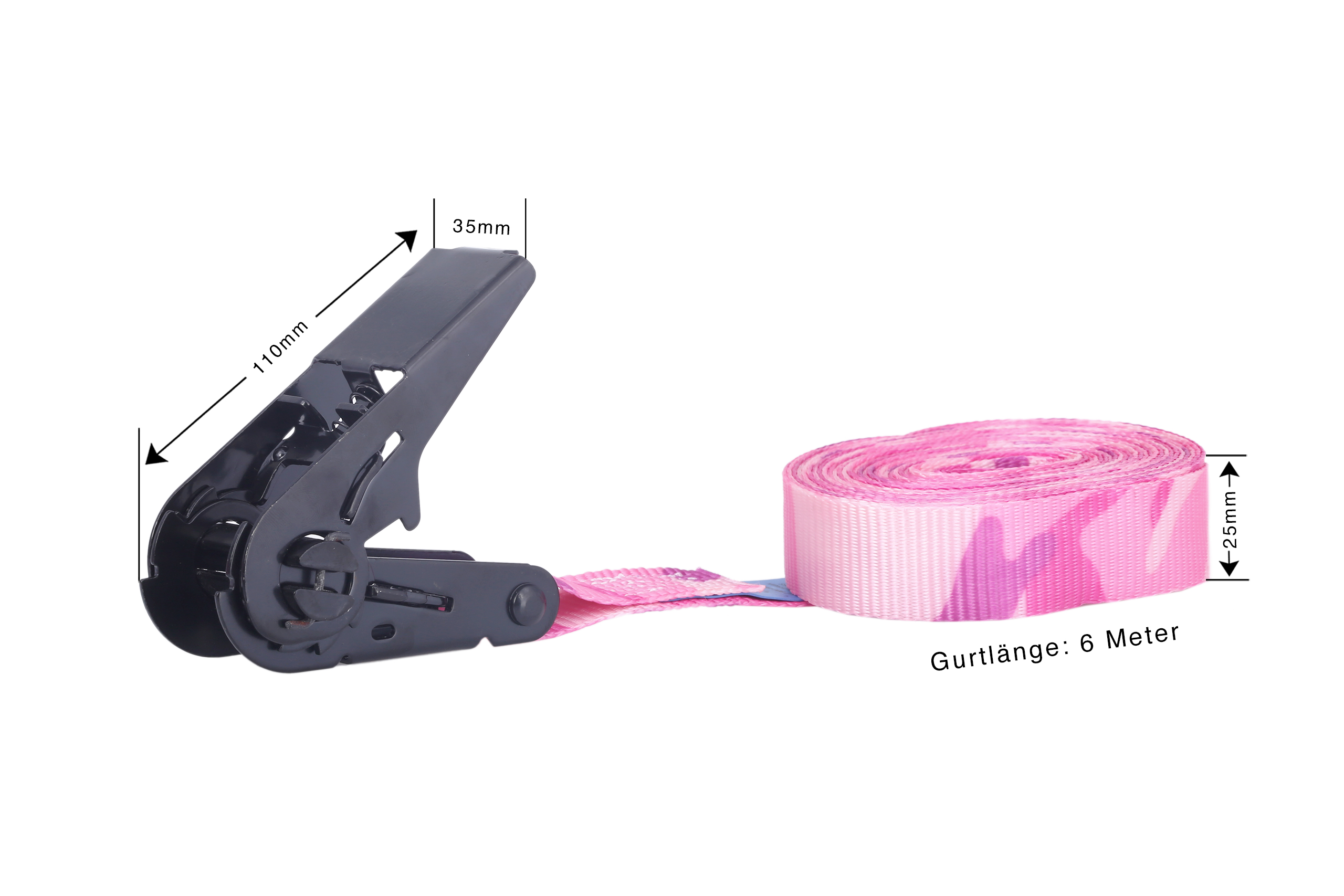 Set of 4, 6m lashing straps, 25mm, LC 900 daN, pink camouflage